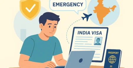Illustration of a traveler applying online for an emergency India eVisa with a laptop, passport, and India map in the background.