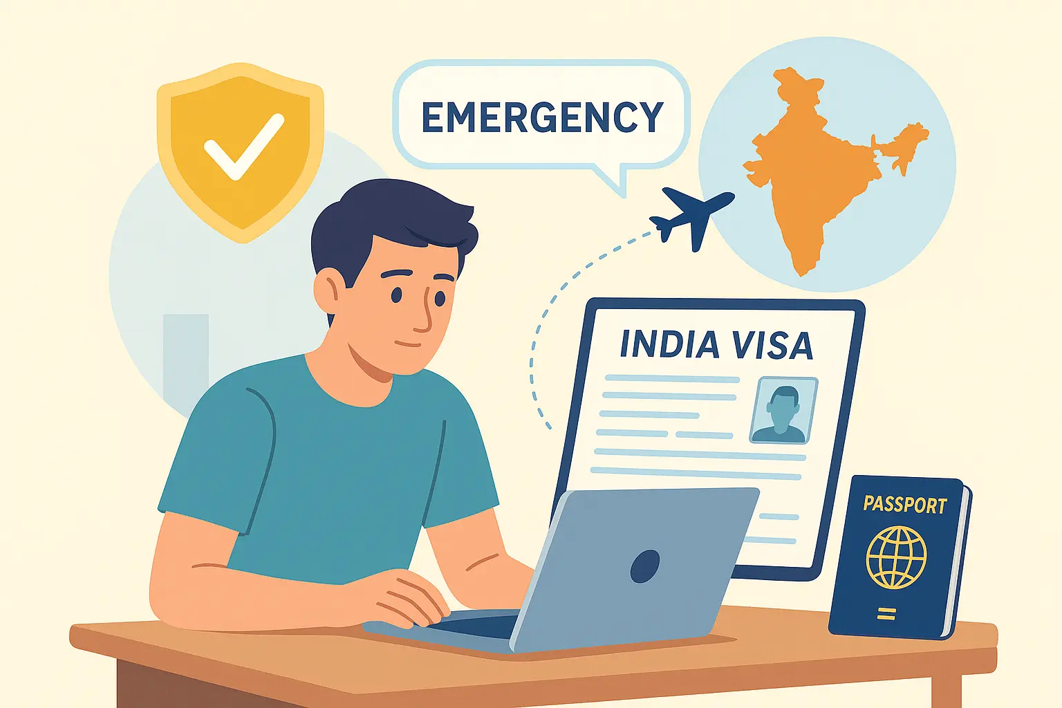 Illustration of a traveler applying online for an emergency India eVisa with a laptop, passport, and India map in the background.