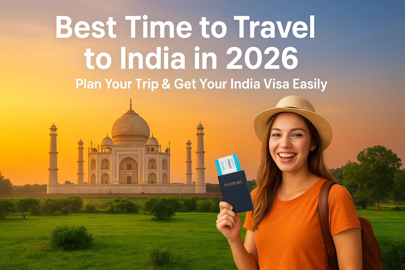 Happy traveler holding passport with India landmark background, get india visa to india