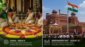 Split graphic showcasing traditional Onam pookalam celebration in Kerala and the Indian flag at Red Fort for Independence Day