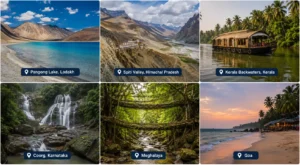 Collage of monsoon travel destinations in India showcasing Kerala backwaters, Ladakh, Spiti Valley, Coorg, Meghalaya, and Goa