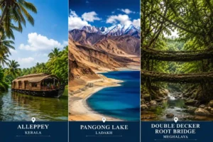 Collage of best places to visit during the monsoon season in India featuring Alleppey in Kerala, Pangong Lake in Ladakh, and the Double Decker Root Bridge in Meghalaya