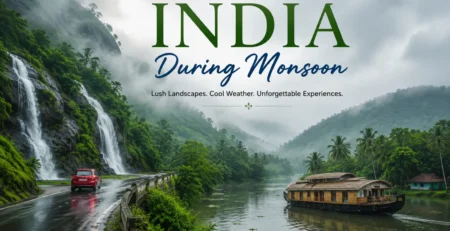 Best places to visit during the monsoon season in India showing a houseboat in Kerala backwaters and a roadside waterfall