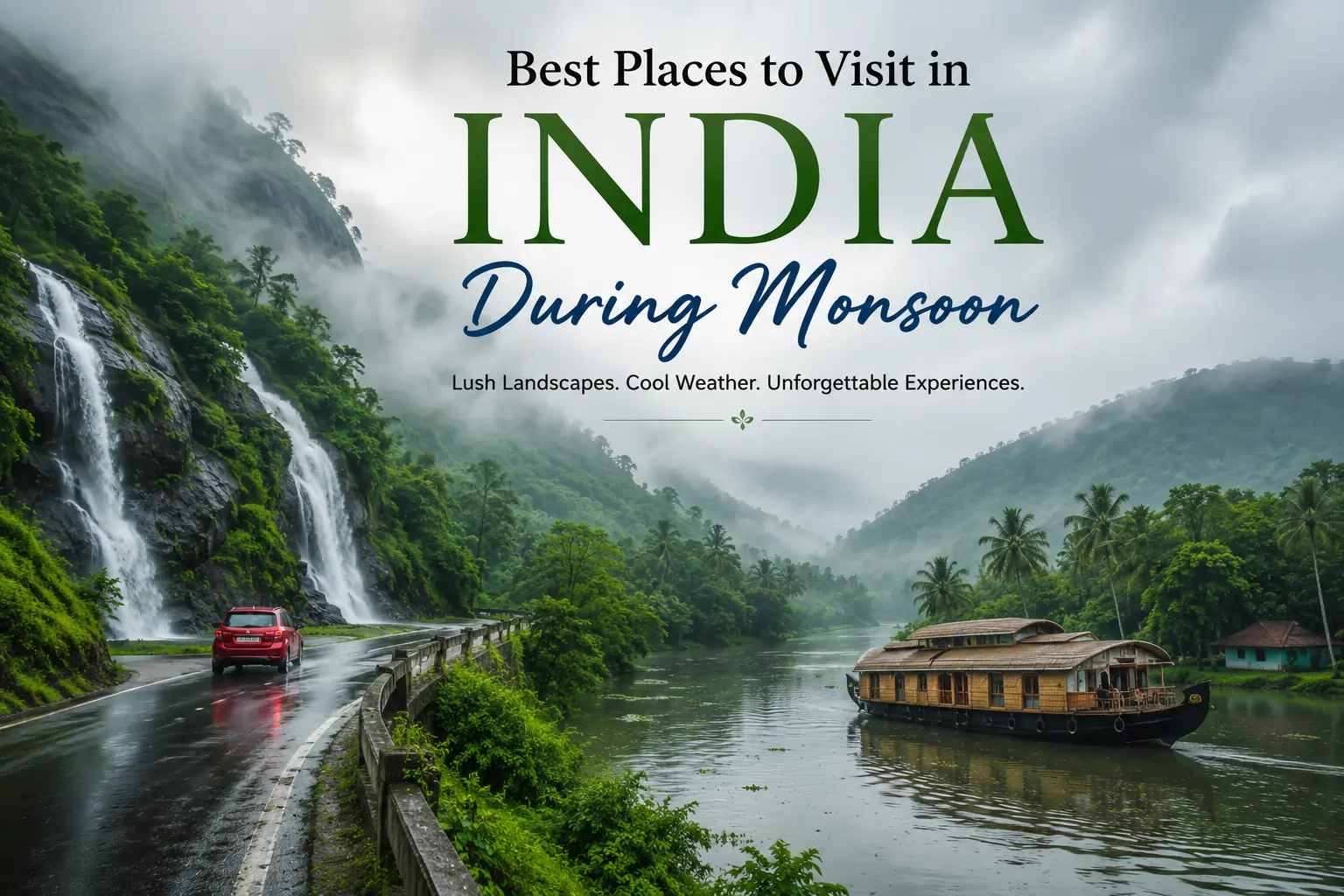Best places to visit during the monsoon season in India showing a houseboat in Kerala backwaters and a roadside waterfall