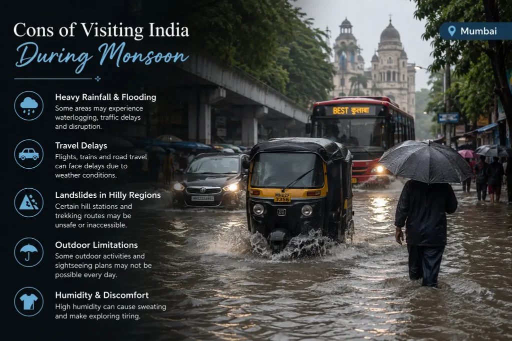 Infographic listing the cons of visiting India during the monsoon season with an image of a flooded street in Mumbai