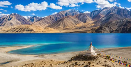 Dry mountain landscape of Pangong Lake in Ladakh during the monsoon season in India