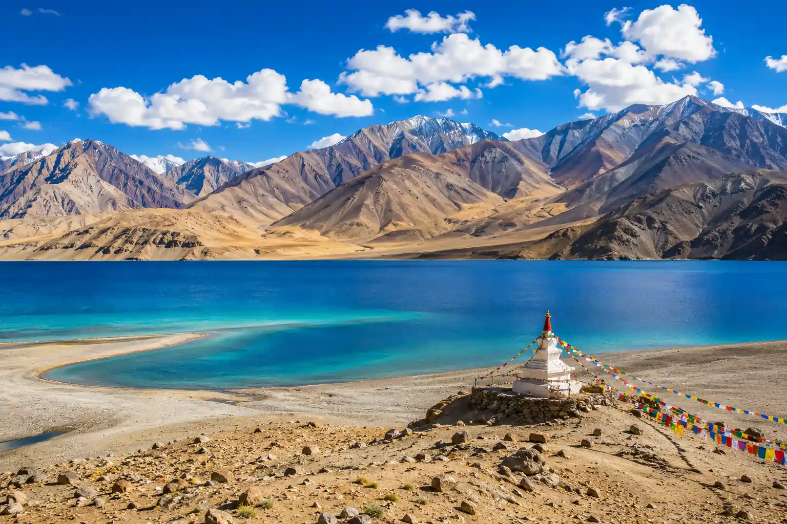 Dry mountain landscape of Pangong Lake in Ladakh during the monsoon season in India