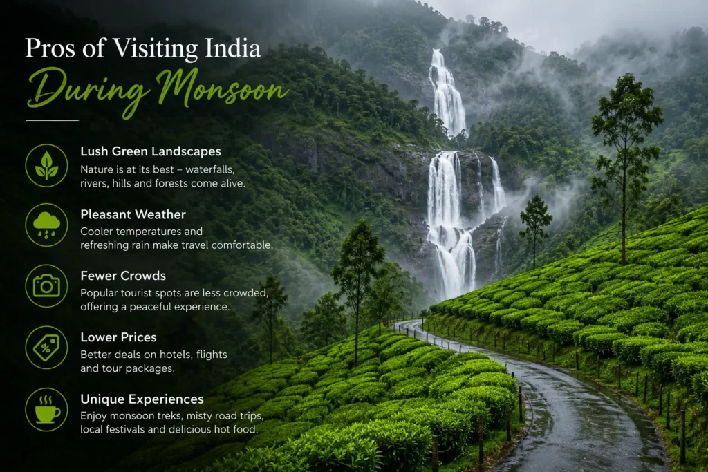 Infographic showing the pros of visiting India during the monsoon season with an image of a waterfall and tea garden