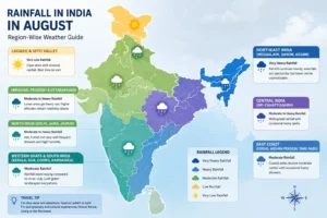 Infographic map detailing region-wise weather patterns and rainfall in India in August